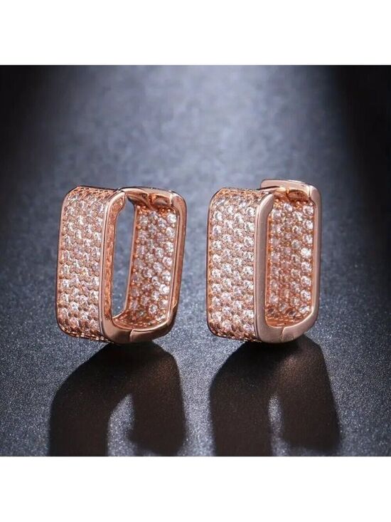 Jewelry - Rectangular Zircon Hoops Rose Gold Tone with Lots of Bling #1418